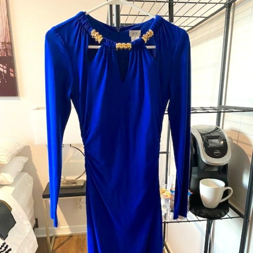 Cache Cobalt Blue Formal Dress w/ Gold Neckline Detailing
